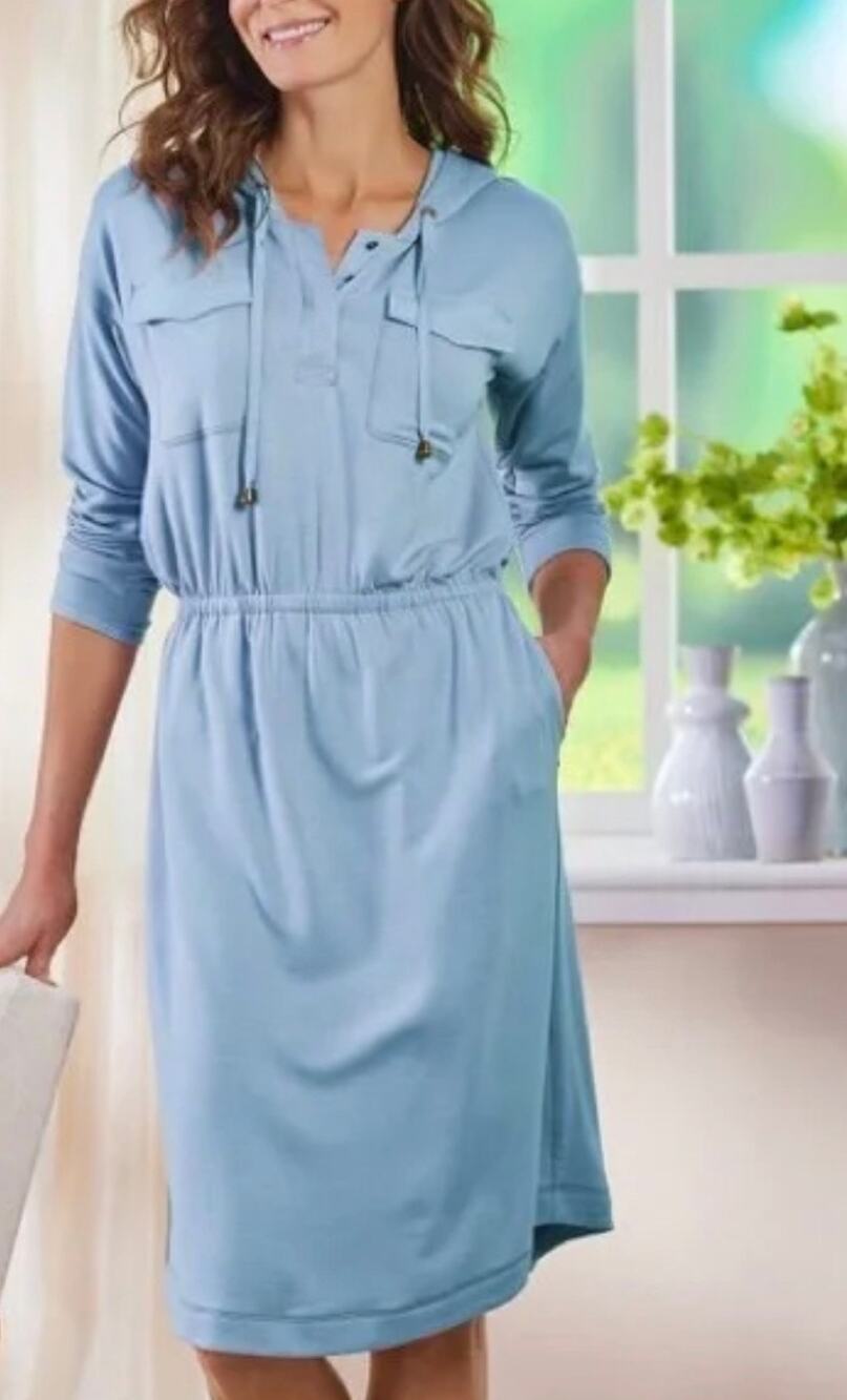 NWT Soft Surroundings blue Reawaken hooded dress size PETITE XS